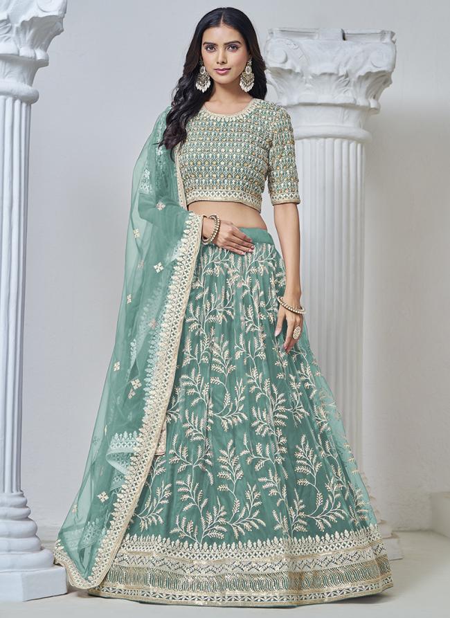 Net Teal Wedding Wear Embroidery Work Lehenga Choli